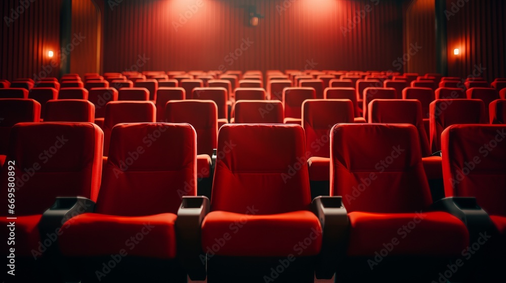 A row of red chairs sitting in front of a cinema theater A row of red chairs sitting in front of a cinema theater