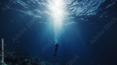 A person swimming in the ocean with a bright light coming out of the water