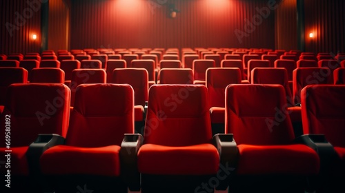 A row of red chairs sitting in front of a cinema theater