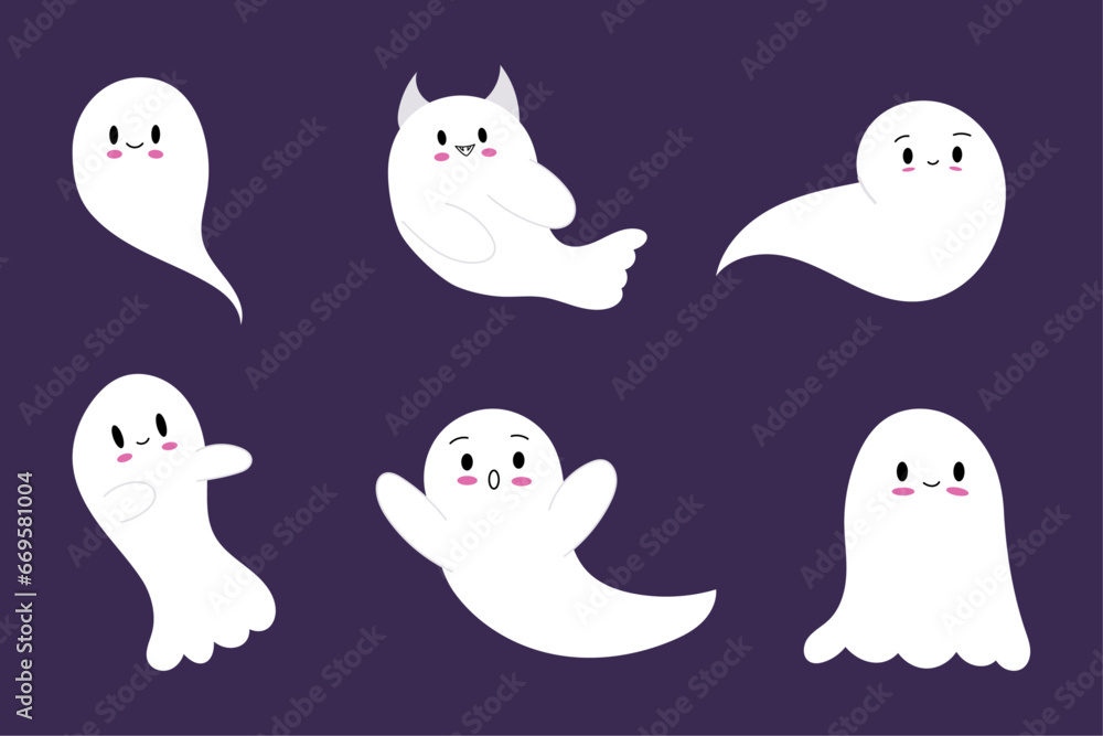 Halloween set with cute ghosts. Flying spirits in flat design.