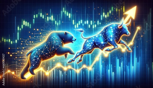 Bright financial and stock market trends on a graph emphasizing the contrast between a bearish and bullish market influenced by AI innovations on blue and yellow glowing background