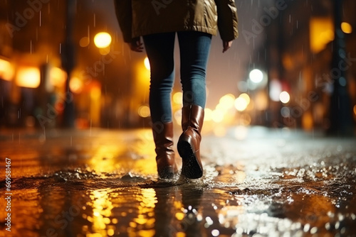 Close-up view, female legs are walking along the wet street of the night city. © serperm73