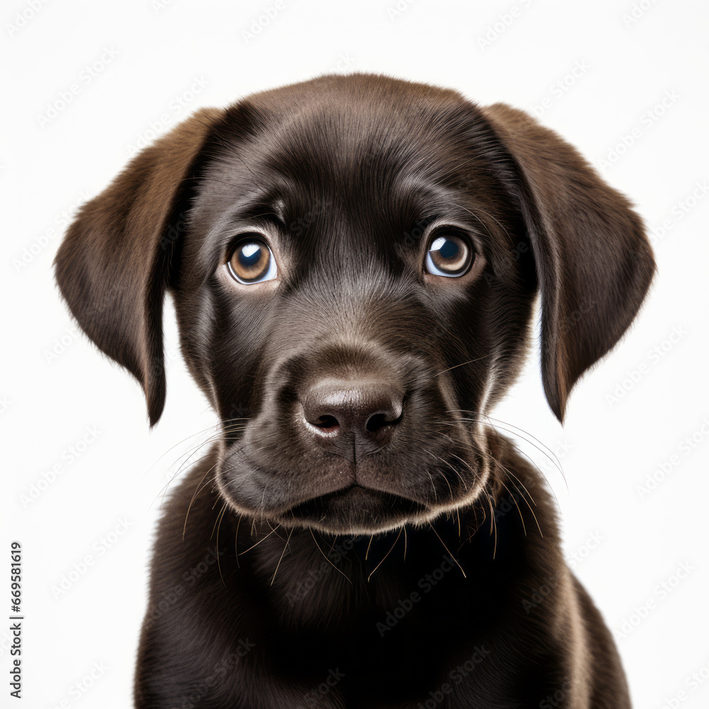 Black Labrador puppy with expressive eyes on a white background Black Labrador puppy with expressive eyes on a white background