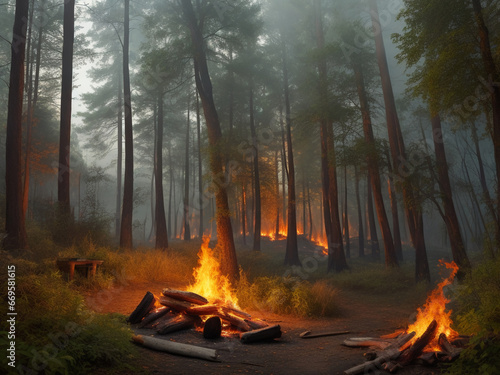 Forest fires. Vegetation Gorenje in the forest. Destruction of flora and fauna. Environmental damage. AI photo