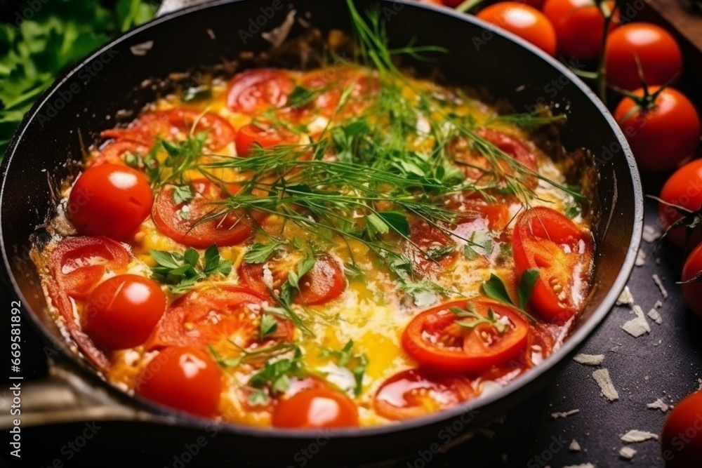 Top view of delicious omelette cooking in skillet, adorned with fresh tomatoes and aromatic herbs. Generative AI