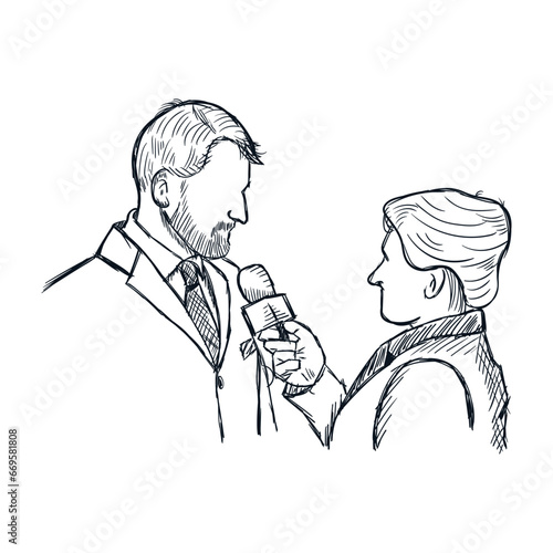 Journalists interviewing source political or businessman. Journalism hand drawn line sketch drawing vector grunge illustration
