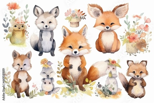 Watercolor woodland animals ideal for stickers, posters, and invitations in nursery, playroom, and bedroom. Generative AI