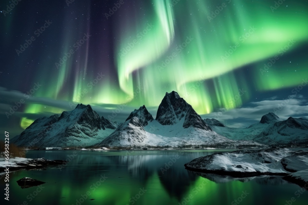 northern lights in the snowy mountains.reflection in water