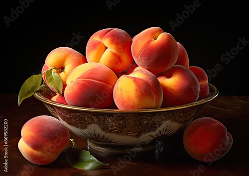 A hyperrealistic still life photograph of a bowl filled with ripe peaches  captured with a macro