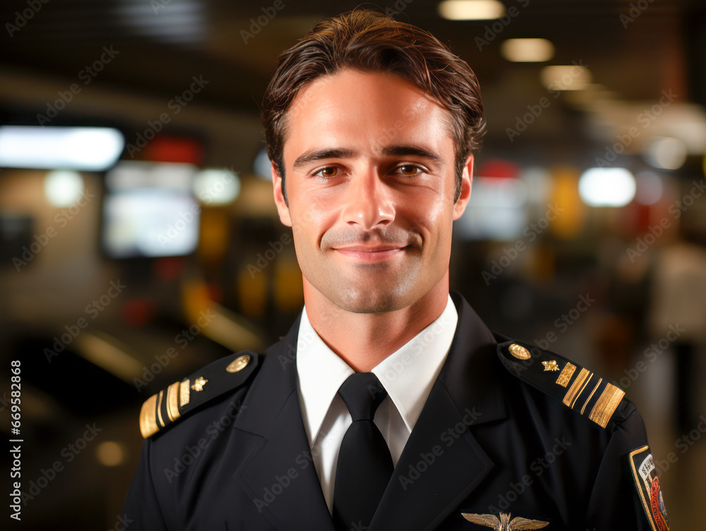 Portrait of a handsome pilot smiling at the camera in an airport. Generative AI Portrait of a handsome pilot smiling at the camera in an airport. Generative AI