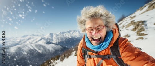 Success and achievement of senior's experience concept, portrait Senior woman hiking, laughing and celebrating on a snow mountaintop, Generative AI © khwanchai