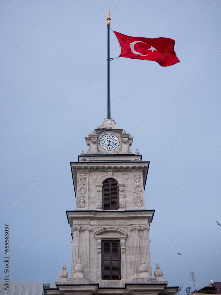 Tophane-i Amire Sanjak Tower with Turkish Flag for Republic Day celebrations.
