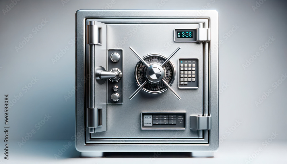Metal safe with a combination lock on a gray background. Generative AI - obrazy, fototapety, plakaty 