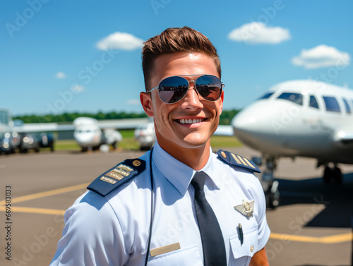 Portrait of handsome pilot in sunglasses with airplane in the background. Generative AI