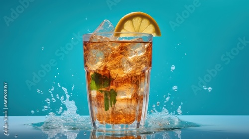 Glass of iced tea with ice cubes and lemon on blue background. Coffee concept with a copy space.