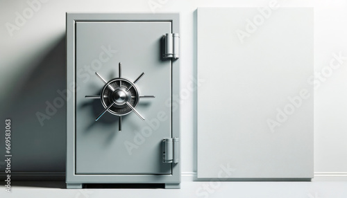 Metal safe with a combination lock and blank poster on the wall. Generative AI photo