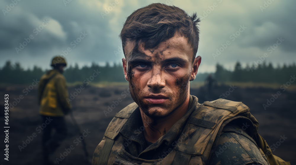 Close up of a soldier after the battle