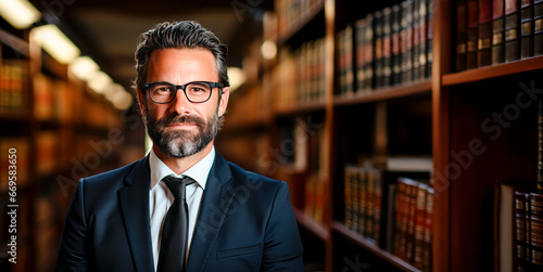 Handsome lawyer man wearing a suit and glasses with a book in a library. Generative AI