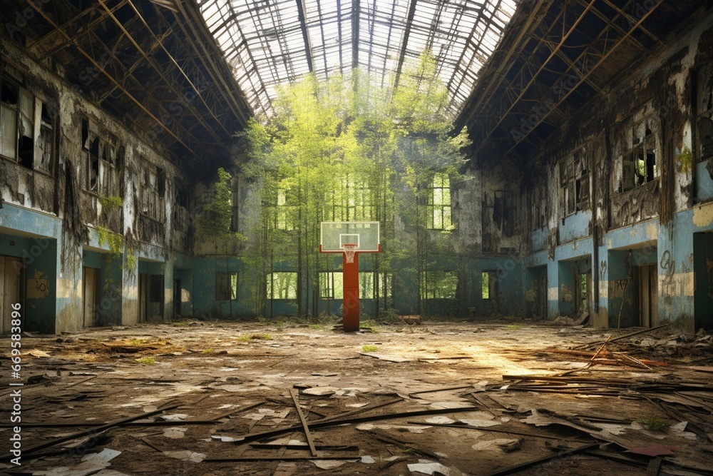 An unused gymnasium left behind in Pripyat after the Chernobyl disaster. Generative AI - obrazy, fototapety, plakaty 