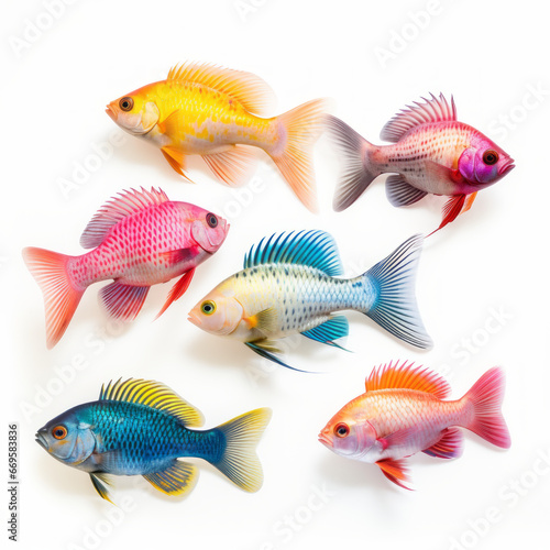 Colorful tropical fish on white background, top view.