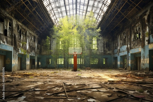 An unused gymnasium left behind in Pripyat after the Chernobyl disaster. Generative AI