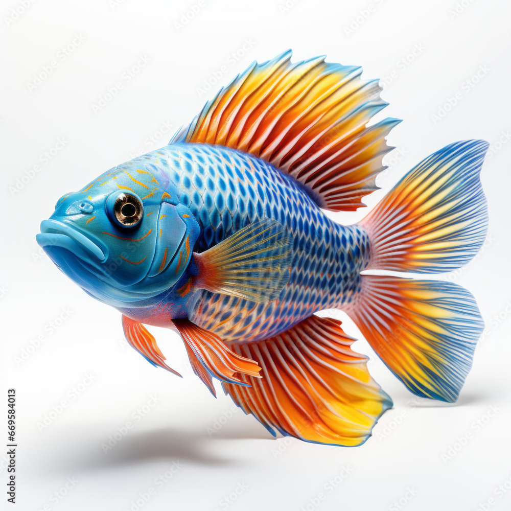 Blue and orange tropical fish with striped fins and spotted body, isolated on white background.