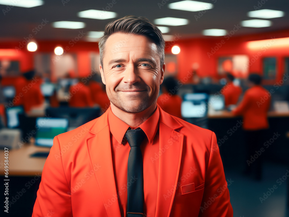 Portrait of a handsome mature businessman in red suit looking at camera and smiling. Generative AI Portrait of a handsome mature businessman in red suit looking at camera and smiling. Generative AI