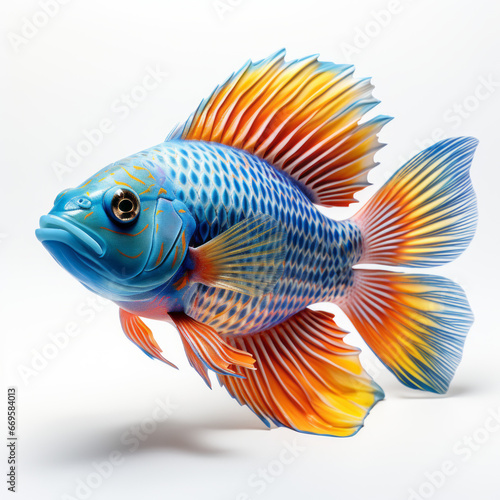 Blue and orange tropical fish with striped fins and spotted body, isolated on white background.