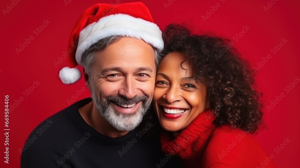 Happy young adult couple posing on plain red background in Christmas wear and santa hats Happy young adult couple posing on plain red background in Christmas wear and santa hats