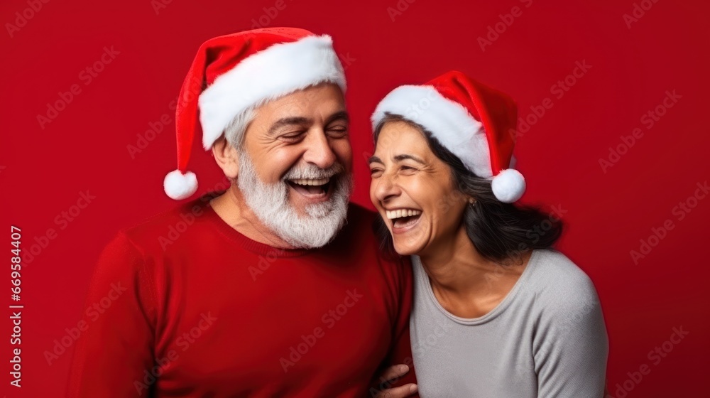Happy middle aged, diverse ethnicity couple posing on plain red background in santa hat Happy middle aged, diverse ethnicity couple posing on plain red background in santa hat
