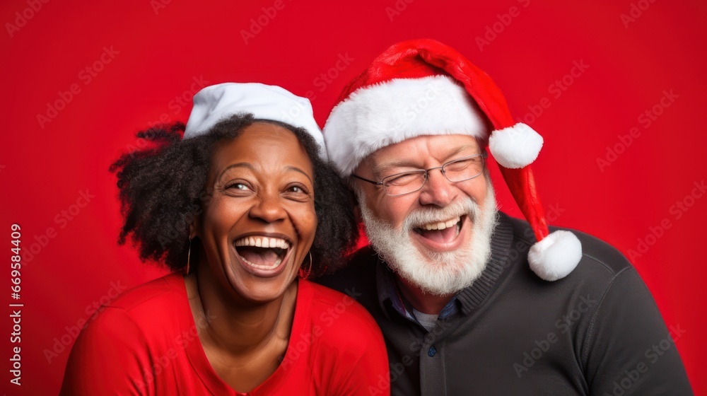 Happy middle aged, diverse ethnicity couple posing on plain red background in santa hat Happy middle aged, diverse ethnicity couple posing on plain red background in santa hat