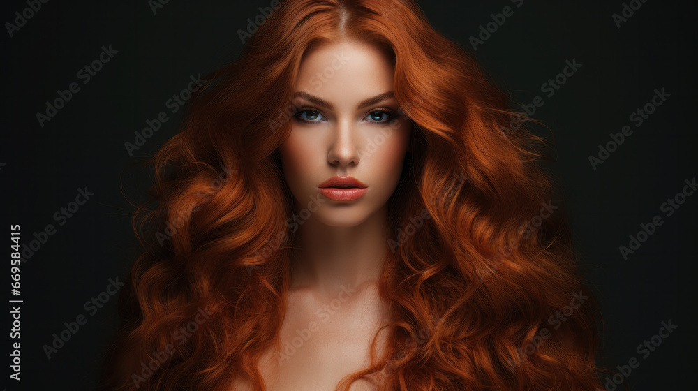 Redhead girl with long and shiny wavy red hair. Beautiful model with curly hairstyle