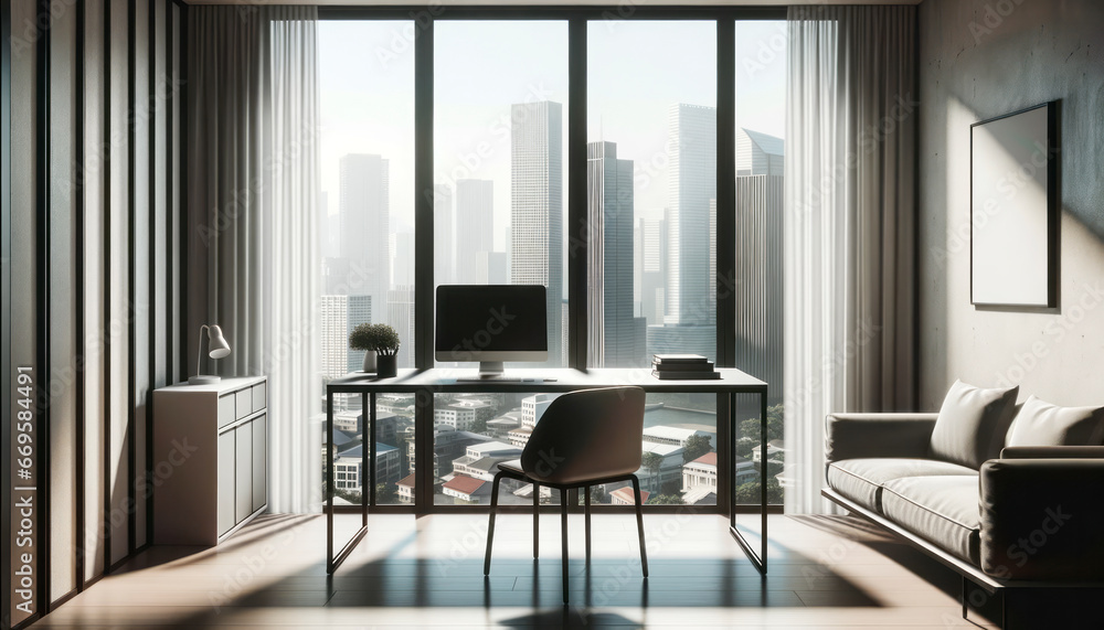 Modern office interior with furniture and city view. Generative AI Modern office interior with furniture and city view. Generative AI