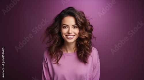 Young beautiful woman with brunette hair posing isolated on purple plain background. Looking at camera with a smile