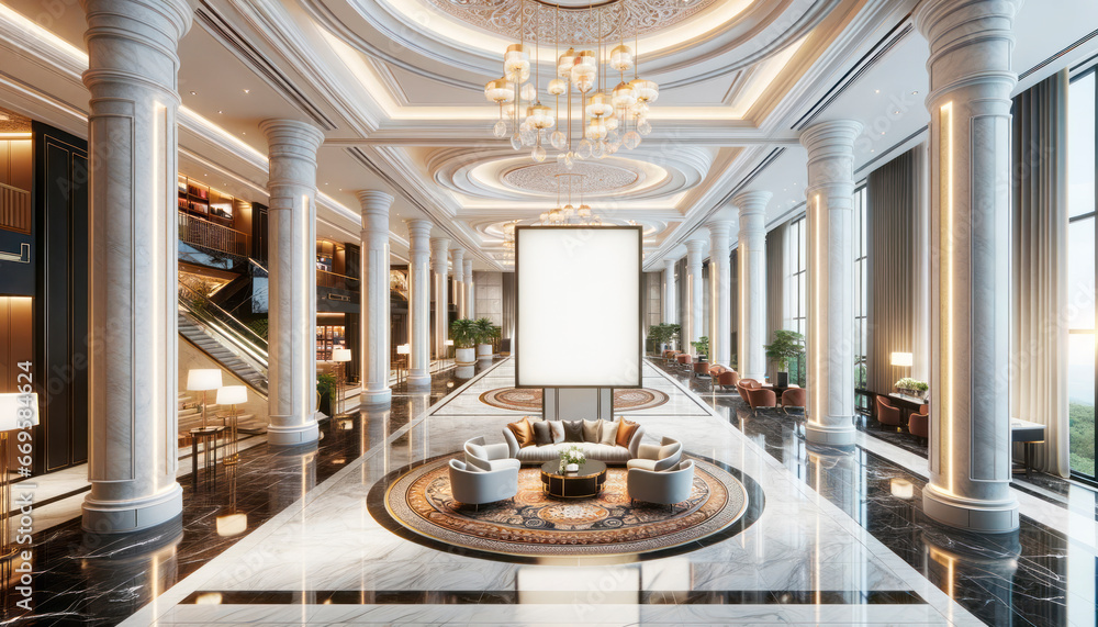 Obraz premium Luxury hotel lobby interior with blank billboard. Generative AI