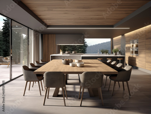 Interior of modern dining room with wooden walls, concrete floor, panoramic window and long wooden table with brown chairs. Generative AI © Who is Danny