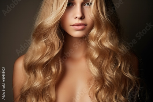 Beautiful model girl with short hair. Beauty woman with blonde curly hairstyle dye. Fashion, cosmetics and makeup
