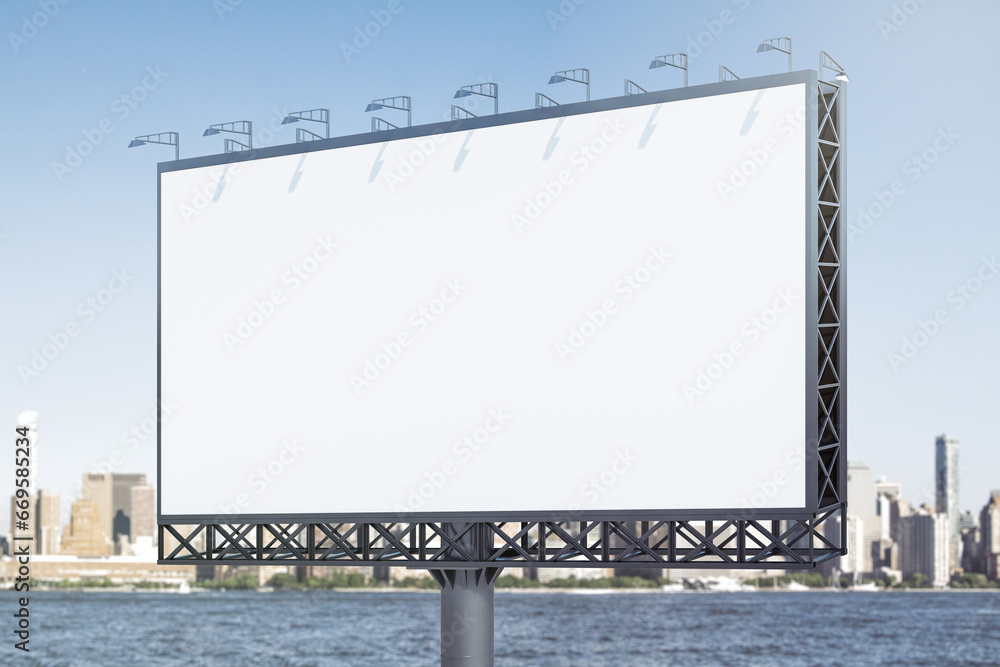 Blank white billboard on city buildings background at daytime, perspective view. Mockup, advertising concept Blank white billboard on city buildings background at daytime, perspective view. Mockup, advertising concept