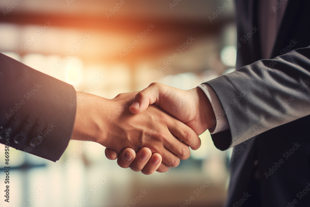 Closeup of two business people shaking hands in office. Handshake concept