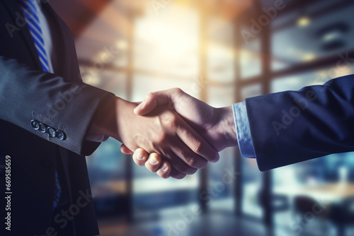 Closeup of two business people shaking hands in office. Handshake concept photo