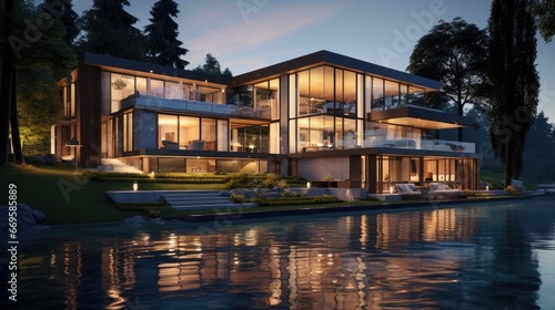 3d rendering of modern house by the river at evening, house, luxury, villa, modern, architecture, building, exterior, residential, property, designer