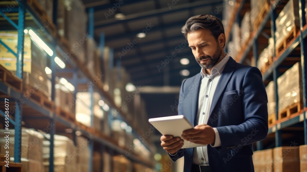 Fototapeta premium man business owner using checklist recheck amount of stock product inventory on shelf at distribution warehouse factory.logistic business ship and delivery, inventory flow, professional