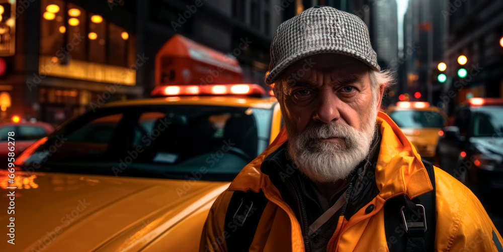 Obraz premium Portrait of an old man with a gray beard in a yellow raincoat and a cap on the street at night. Generative AI