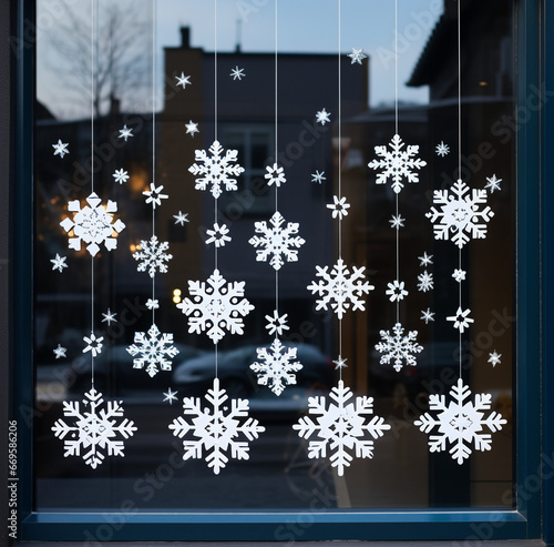 New Year and Christmas window decoration with glued paper snowflakes.