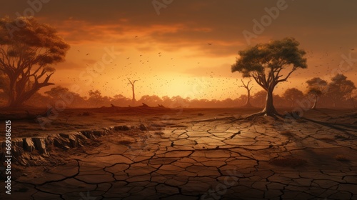 Dry cracked land with dead tree and sky in background a concept of global warming, environment, save, protect, earth, global warming, reduce, planet, growth, nature, ecosystem