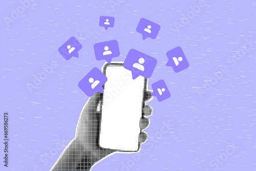 Fotografie Halftone collage of hand holding smartphone, web banner on bright background