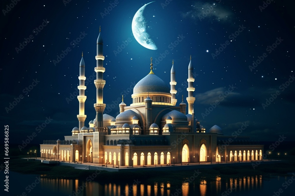 A 3D-rendered image of a mosque at night with a crescent moon. Generative AI