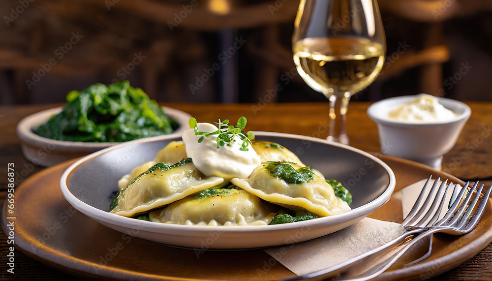 a dish of Spinach Pierogi served in an upscale vegetarian restaurant. a dish of Spinach Pierogi served in an upscale vegetarian restaurant.