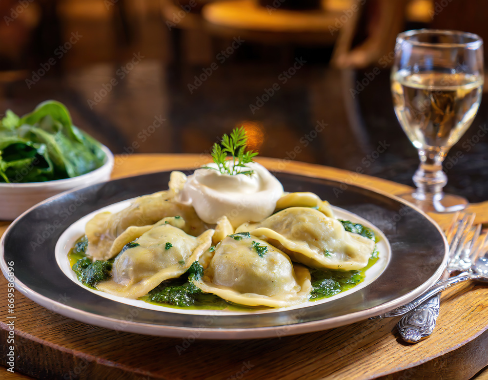 a dish of Spinach Pierogi served in an upscale vegetarian restaurant.