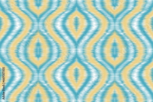 Colorful ikat ogee geometric pattern. Illustration geometric ikat yellow-blue watercolor seamless pattern. Ikat pattern use for fabric, textile, home decoration elements, upholstery, wrapping, etc.